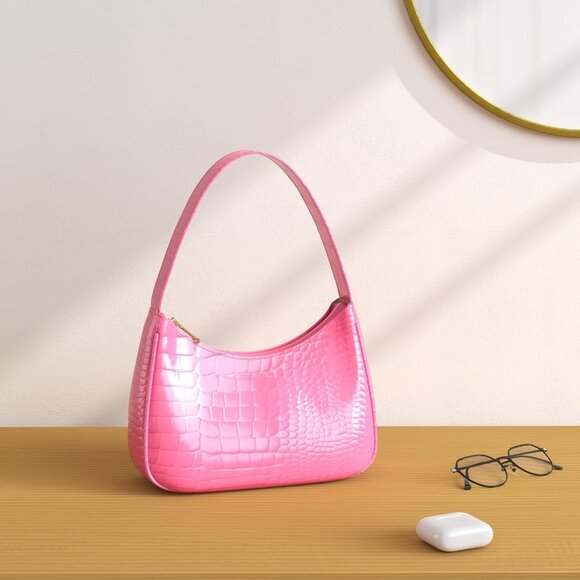 Women Crocodile Pink Imported Polyester Leather Zipper Closure Tote Handbag - Picture 2 of 7